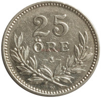 Монета 25 эре. 1918 год, Швеция. (Маленький крест)