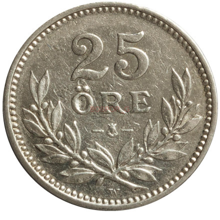 Монета 25 эре. 1910 год, Швеция. (Маленький крест)