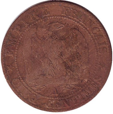 Монета 5 сантимов. 1857 год (A), Франция. Наполеон III.