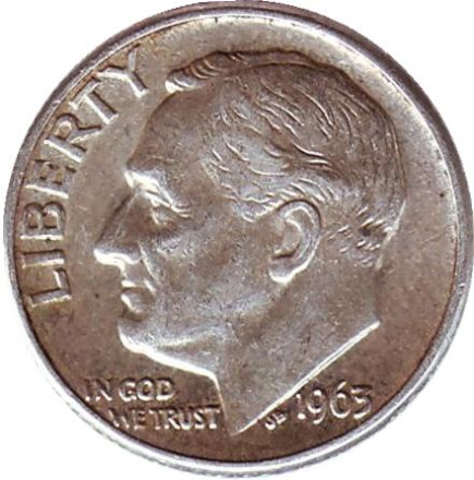Монета 10 центов. 1963 год, США. Монетный двор D. Рузвельт.
