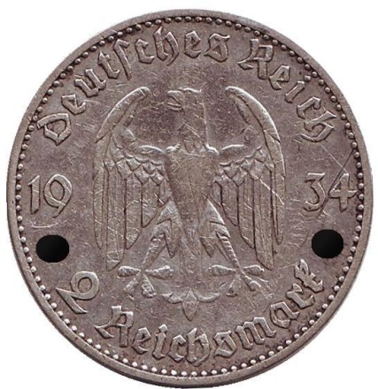 Монета 2 рейхсмарки. 1934 год, Германия (Третий Рейх). (J). Монета 2 рейхсмарки. 1934 год, Германия (Третий Рейх). (J).