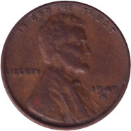 Монета 1 цент. 1949 год (S), США. Линкольн. Монета 1 цент. 1949 год (S), США. Линкольн.