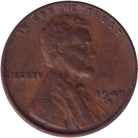 Монета 1 цент. 1949 год (S), США. Линкольн.