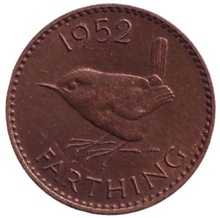 Монета 1 фартинг. 1952 год, Великобритания. Крапивник. (Птица).