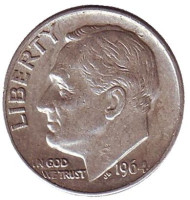 Монета 10 центов. 1964 год, США. Монетный двор D. Рузвельт. Монета 10 центов. 1964 год, США. Монетный двор D. Рузвельт.