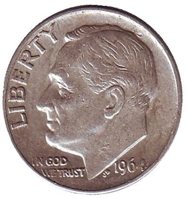 Монета 10 центов. 1964 год, США. Монетный двор D. Рузвельт.