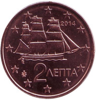 Монета 2 цента. 2014 год, Греция. Монета 2 цента. 2014 год, Греция.