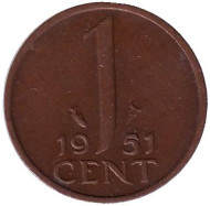 Монета 1 цент. 1951 год, Нидерланды. Монета 1 цент. 1951 год, Нидерланды.