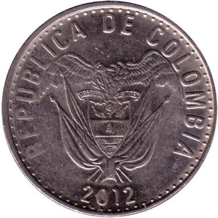 Монета 50 песо. 2012 год, Колумбия. (Старый тип). Монета 50 песо. 2012 год, Колумбия. (Старый тип).