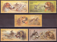 Марки почтовые. Серия из 5 штук. 1988 год, СССР. Охотничьи собаки.