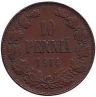 Монета 10 пенни. 1914 год, Финляндия в составе Российской Империи. Монета 10 пенни. 1914 год, Финляндия в составе Российской Империи.