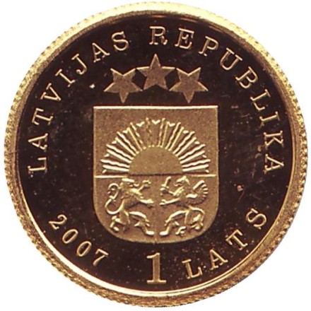 Монета 1 лат. 2007 год, Латвия. Золотая яблоня. Монета 1 лат. 2007 год, Латвия. Золотая яблоня.