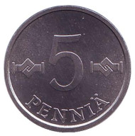 Монета 5 пенни. 1989 год, Финляндия. UNC. Монета 5 пенни. 1989 год, Финляндия. UNC.