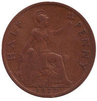Монета 1/2 пенни. 1927 год, Великобритания. Монета 1/2 пенни. 1927 год, Великобритания.