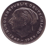 Монета 2 марки. 1979 год (F), ФРГ. Теодор Хойс. Монета 2 марки. 1979 год (F), ФРГ. Теодор Хойс.