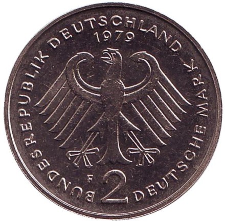 Монета 2 марки. 1979 год (F), ФРГ. Теодор Хойс. Монета 2 марки. 1979 год (F), ФРГ. Теодор Хойс.