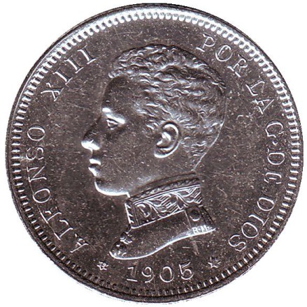 Монета 2 песеты. 1905 год, Испания. Альфонсо XIII.