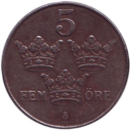 Монета 5 эре. 1942 год, Швеция. (железо)