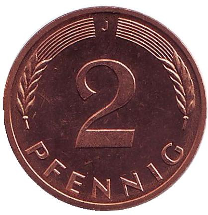 Монета 2 пфеннига. 1984 (J) год, ФРГ. UNC Дубовые листья.