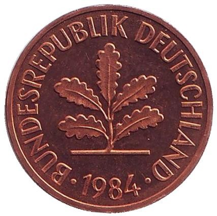 Монета 2 пфеннига. 1984 (J) год, ФРГ. Дубовые листья. Монета 2 пфеннига. 1984 (J) год, ФРГ. Дубовые листья.