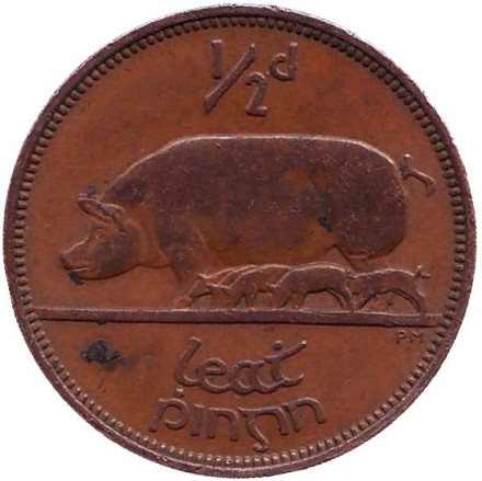 Монета 1/2 пенни, 1965 год, Ирландия. Свинья.