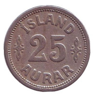 Монета 25 аураров. 1923 год, Исландия. Монета 25 аураров. 1923 год, Исландия.