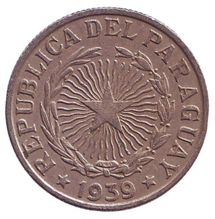 Монета 5 песо. 1939 год, Парагвай. Монета 5 песо. 1939 год, Парагвай.
