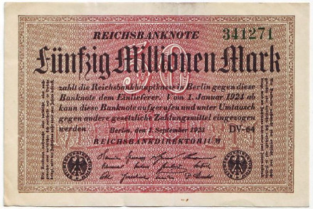 Рейхсбанкнота 50 миллионов марок. 1923 год, Веймарская республика.