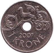 Монета 1 крона. 2007 год, Норвегия. Птица на виноградной лозе. Монета 1 крона. 2007 год, Норвегия. Птица на виноградной лозе.