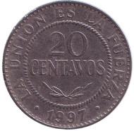 Монета 20 сентаво. 1997 год, Боливия. Монета 20 сентаво. 1997 год, Боливия.