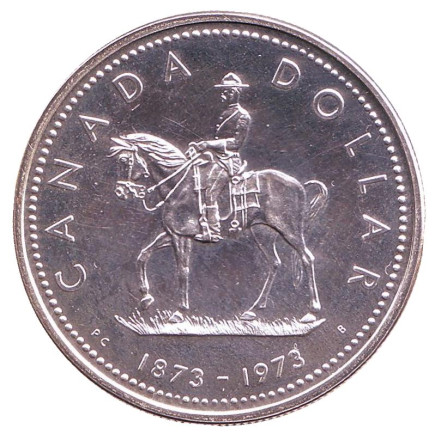 Монета 1 доллар. 1973 год, Канада. 100 лет конной полиции Канады.