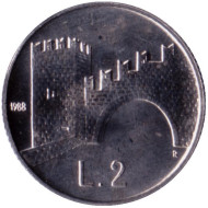 Монета 2 лиры. 1988 год, Сан-Марино. Фортификация. Арка Фратты. Монета 2 лиры. 1988 год, Сан-Марино. Фортификация. Арка Фратты.