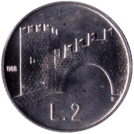 Монета 2 лиры. 1988 год, Сан-Марино. Фортификация. Арка Фратты.