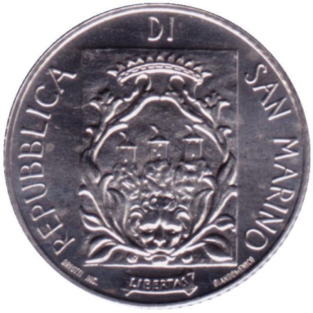 Монета 2 лиры. 1988 год, Сан-Марино. Фортификация. Арка Фратты.