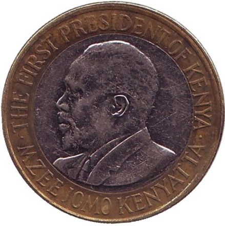 Монета 10 шиллингов. 2010 год, Кения. (Из обращения) Джомо Кениата - первый президент Кении.