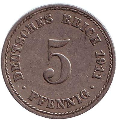 Монета 5 пфеннигов. 1911 год (A), Германская империя.