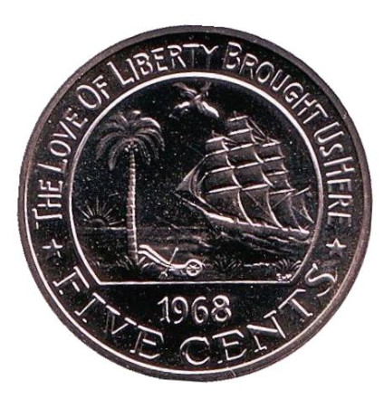 Монета 5 центов. 1968 год, Либерия. Proof. Слон. Корабль.