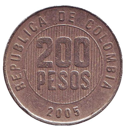 Монета 200 песо. 2005 год, Колумбия.