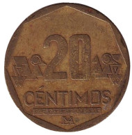Монета 20 сентимов. 2001 год, Перу. Монета 20 сентимов. 2001 год, Перу.