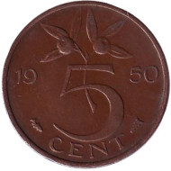Монета 5 центов. 1950 год, Нидерланды. Монета 5 центов. 1950 год, Нидерланды.