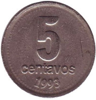 Монета 5 сентаво. 1993 год, Аргентина. (крупный шрифт) Монета 5 сентаво. 1993 год, Аргентина. (крупный шрифт)