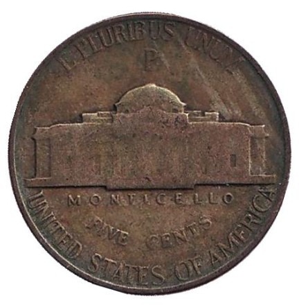 Монета 5 центов. 1944 год (P), США. Джефферсон. Монтичелло.