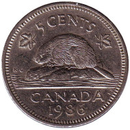 Монета 5 центов, 1986 год, Канада. Бобр. Монета 5 центов, 1986 год, Канада. Бобр.