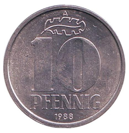 Монета 10 пфеннигов. 1988 год, ГДР. UNC.
