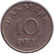 Монета 10 эре. 1954 год, Дания. Монета 10 эре. 1954 год, Дания.