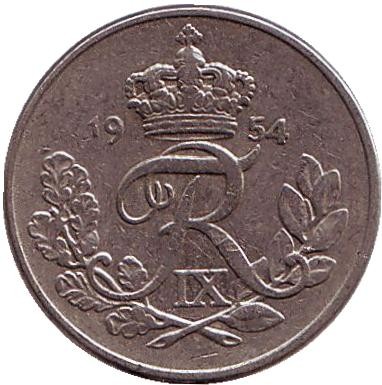 Монета 10 эре. 1954 год, Дания.