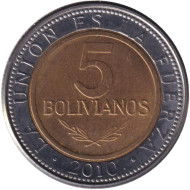 Монета 5 боливиано. 2010 год, Боливия. Монета 5 боливиано. 2010 год, Боливия.