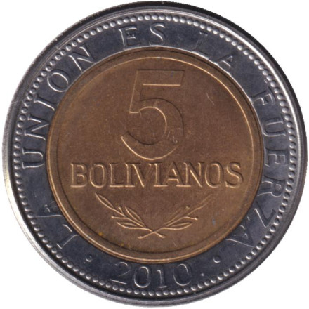 Монета 5 боливиано. 2010 год, Боливия.