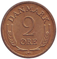 Монета 2 эре. 1965 год, Дания. (бронза). Монета 2 эре. 1965 год, Дания. (бронза).