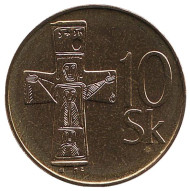 Монета 10 крон. 2004 год, Словакия. BU. Бронзовый крест с выгравированными рисунками и орнаментом (Х – ХI вв.). Монета 10 крон. 2004 год, Словакия. BU. Бронзовый крест с выгравированными рисунками и орнаментом (Х – ХI вв.).